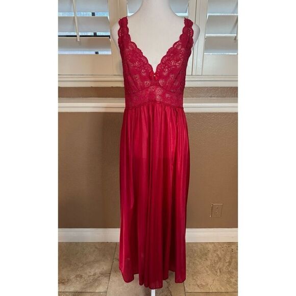 Vintage Shadowline M Satin Gown And Robe Set Deep Red Lace Trim Romantic Evening - Picture 7 of 12